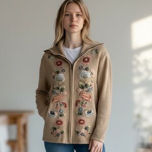 Tiara Beige Floral Embroidered Zip-Up Cardigan